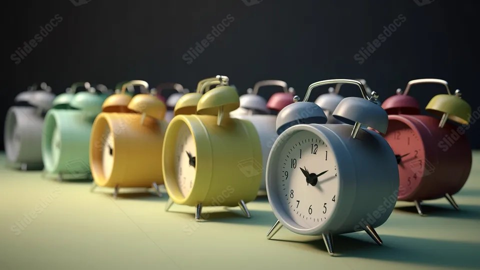 Several Alarm Clocks Are On A Table With Different Colors In Front Of
