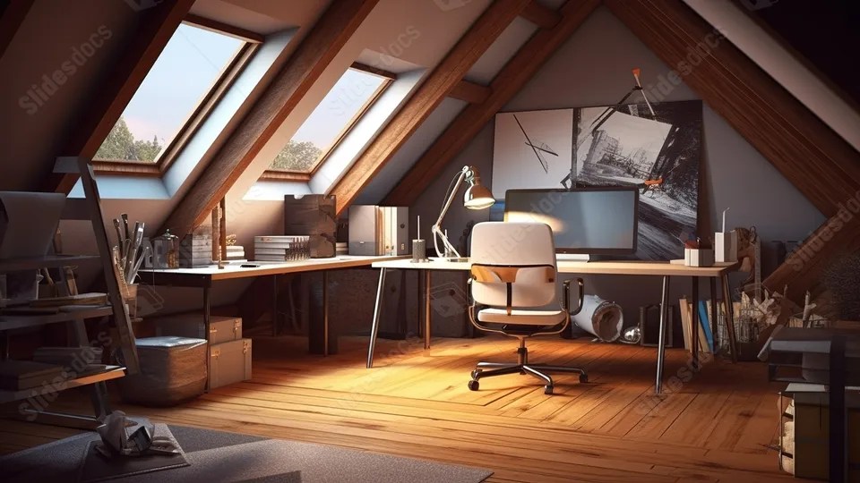 Visualizing An Attic Based Workplace For Graphic Design 3d Rendering