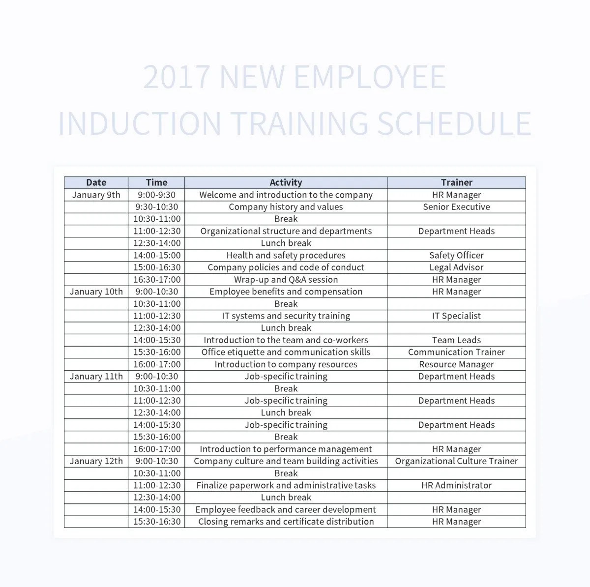 2017 New Employee Induction Training Schedule Excel Template And Google