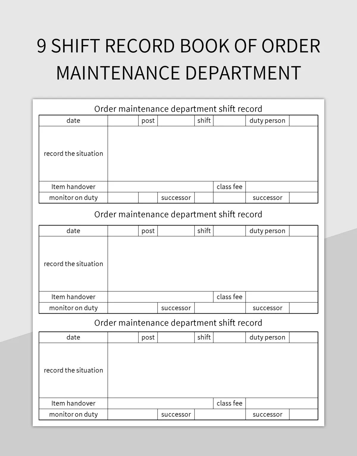 Free Order Maintenance Department Handover Record Book Templates For