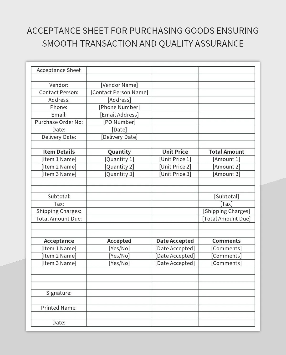 Acceptance Sheet For Purchasing Goods Ensuring Smooth Transaction And