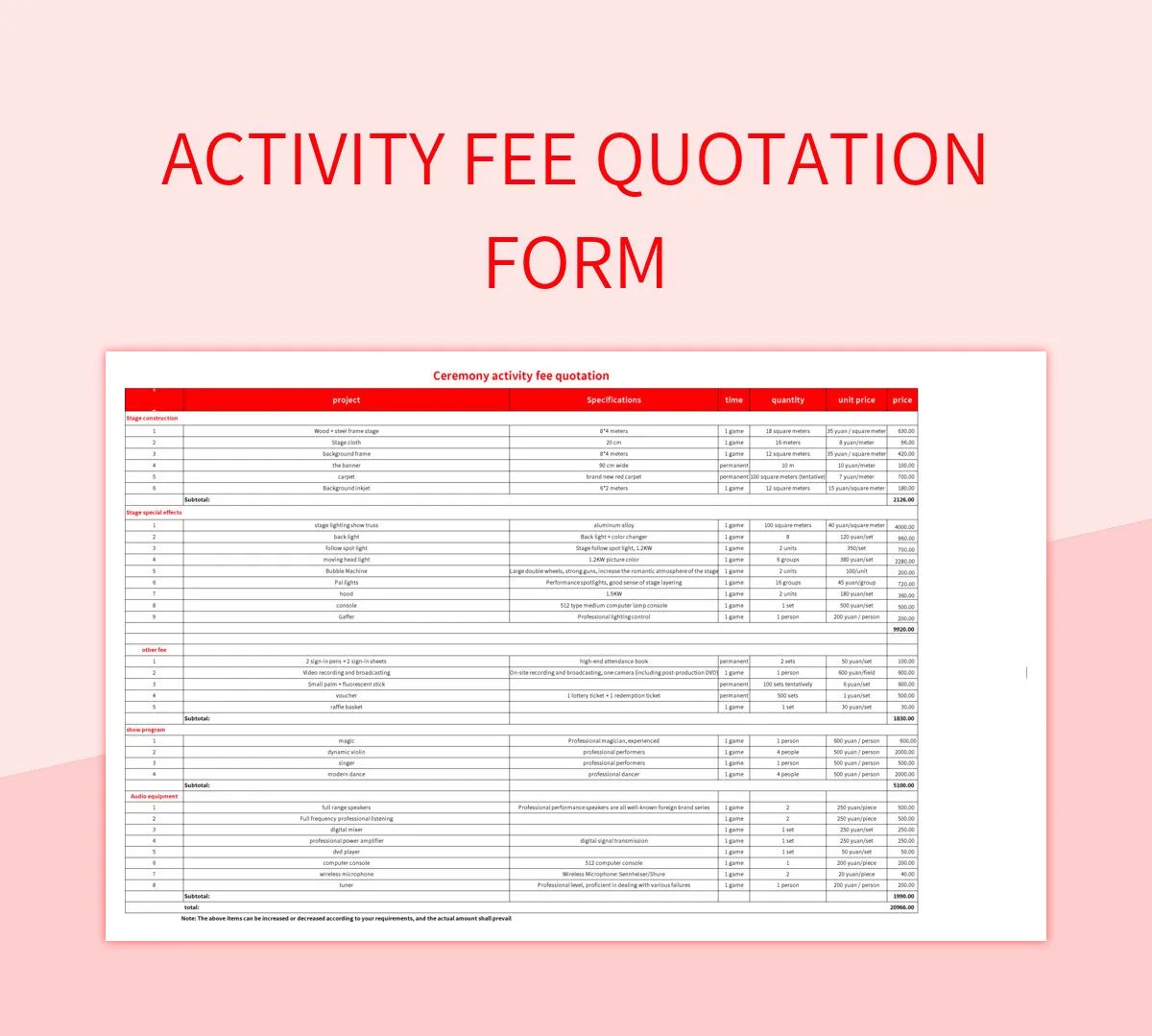 Activity Fee Quotation Form Excel Template And Google Sheets File For