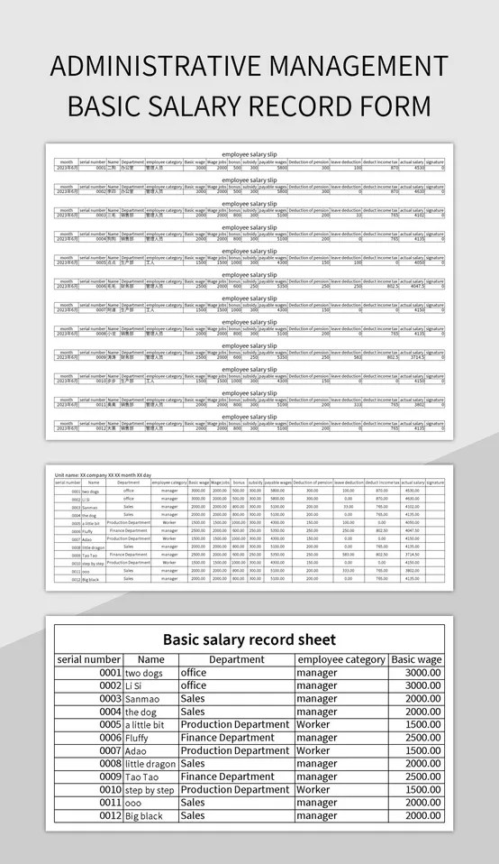 Administrative Management Basic Salary Record Form Excel Template And