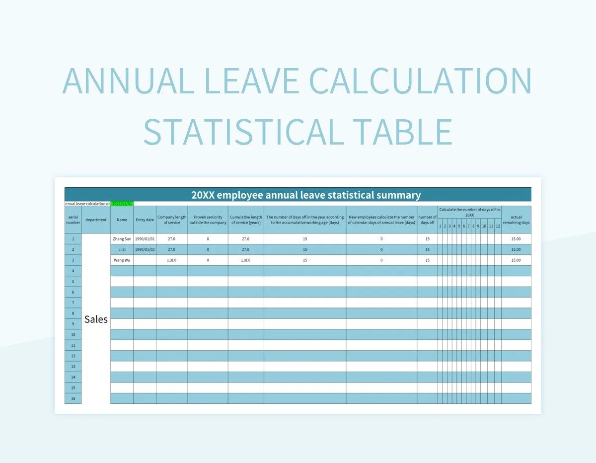 Annual Leave Calculation Statistical Table Excel Template And Google