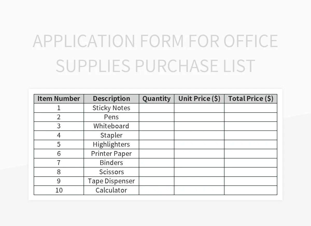 Application Form For Office Supplies Purchase List Excel Template And Google Sheets File For