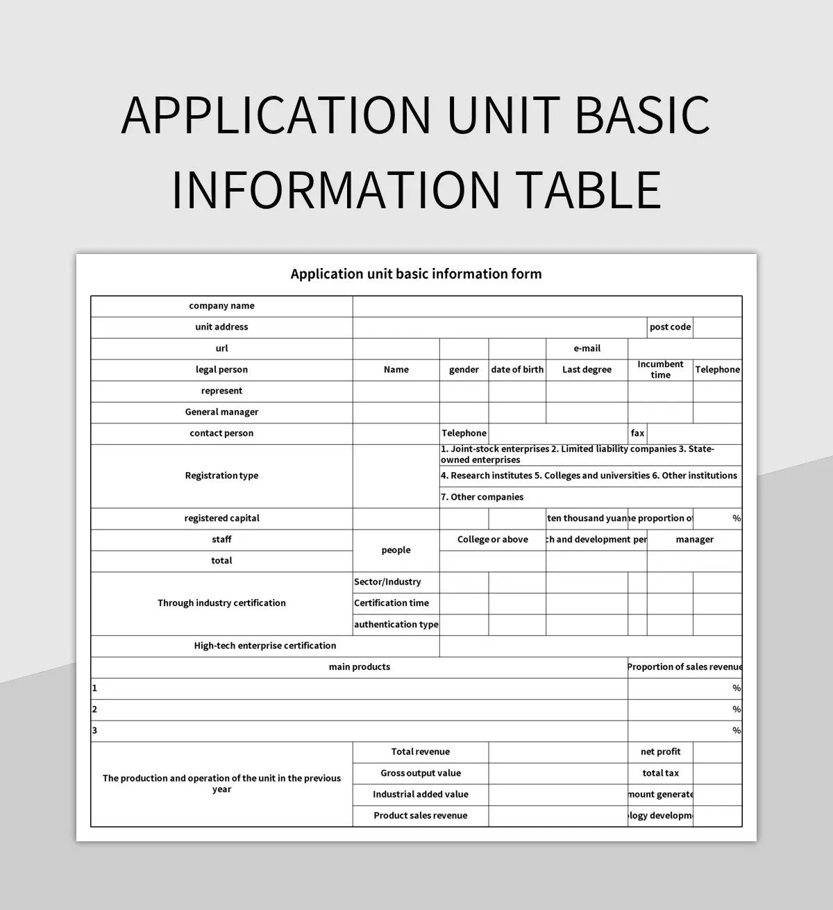Application Unit Basic Information Table Excel Template And Google
