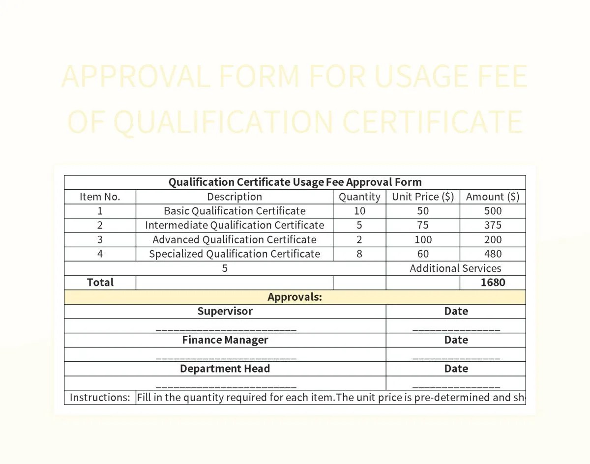 Approval Form For Usage Fee Of Qualification Certificate Excel Template