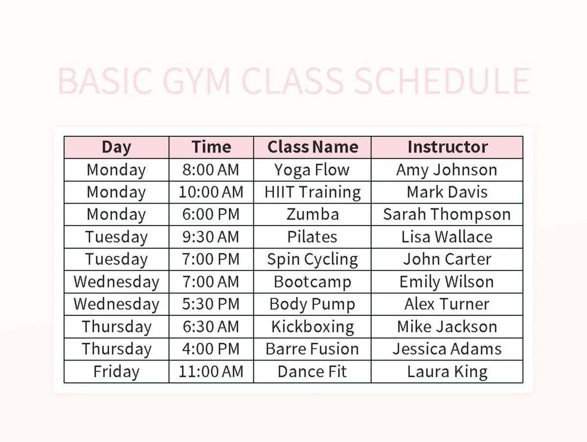 Basic Gym Class Schedule Excel Template And Google Sheets File For Free