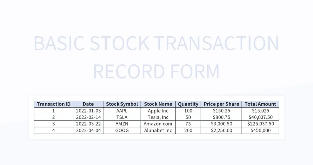 Basic Stock Transaction Record Form Excel Template And Google Sheets