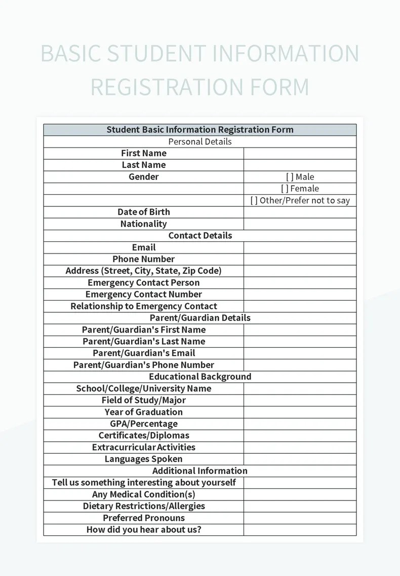 Basic Student Information Registration Form Excel Template And Google