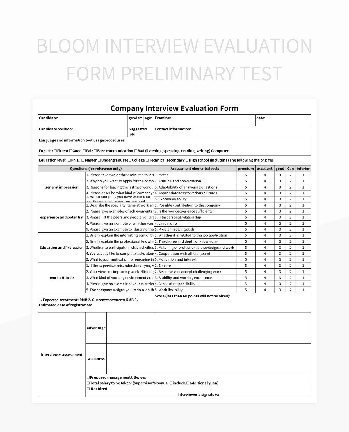 Bloom Interview Evaluation Form Preliminary Test Excel Template And