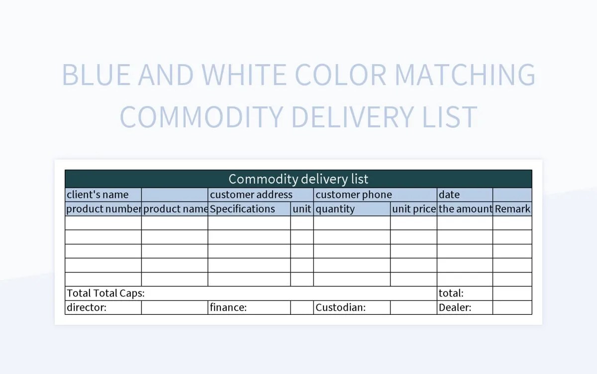 Blue And White Color Matching Commodity Delivery List Excel Template