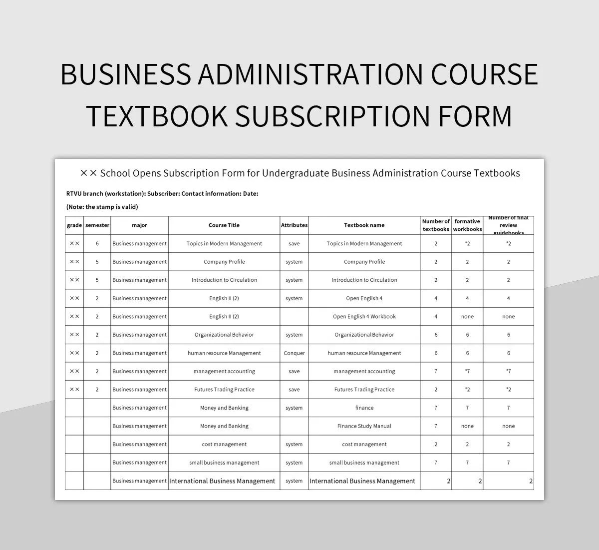 Business Administration Course Textbook Subscription Form Excel