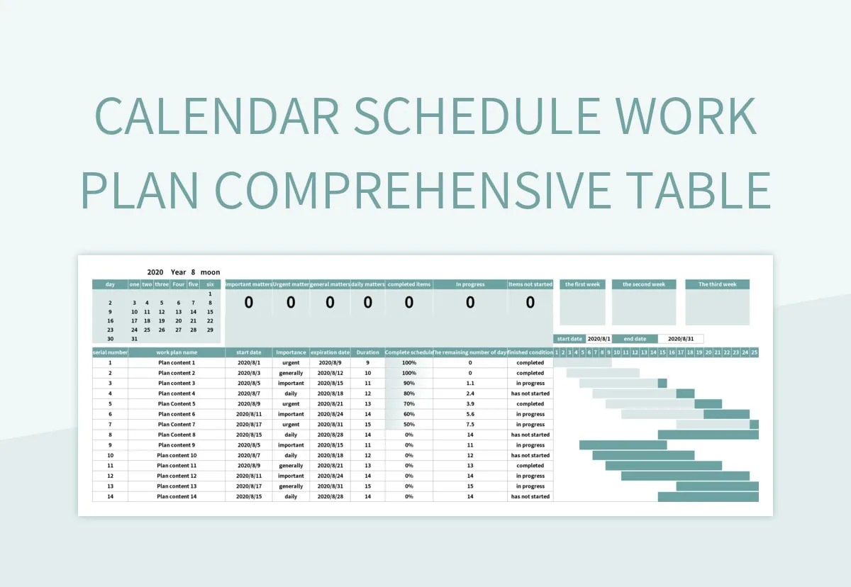 Calendar Schedule Work Plan Comprehensive Table Excel Template And Google Sheets File For Free