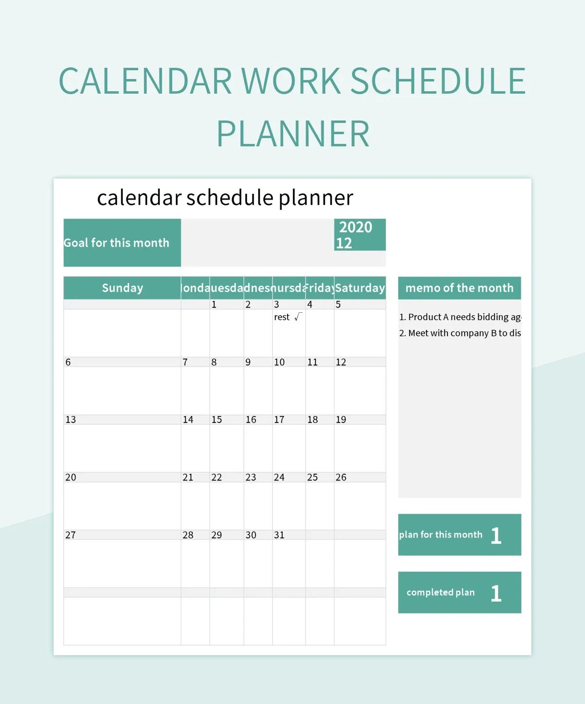 Calendar Work Schedule Planner Excel Template And Google Sheets File