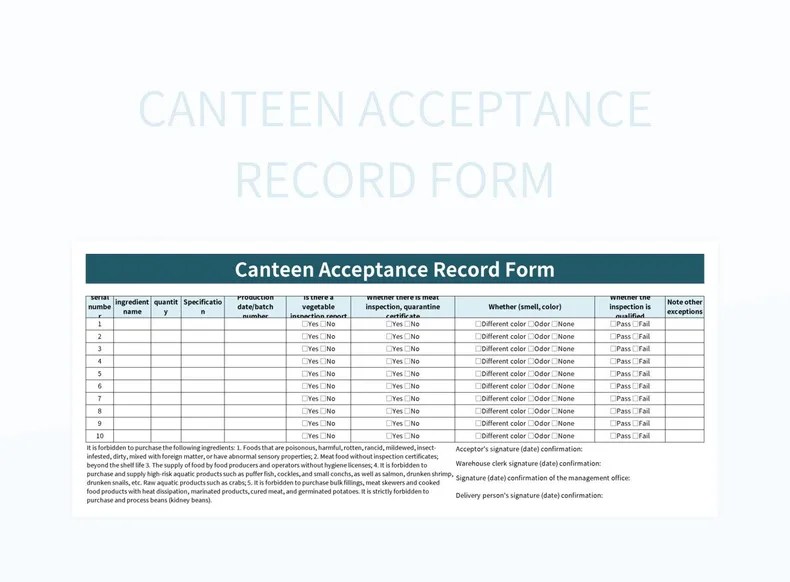Canteen Acceptance Record Form Excel Template And Google Sheets File