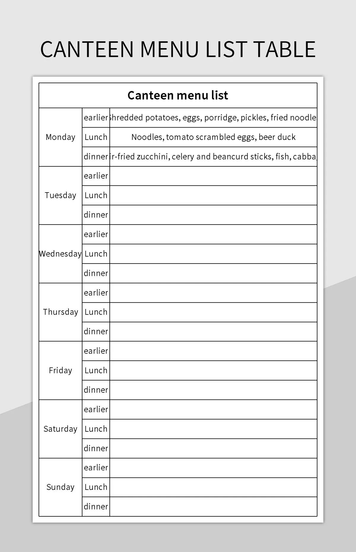 Canteen Menu List Table Excel Template And Google Sheets File For Free