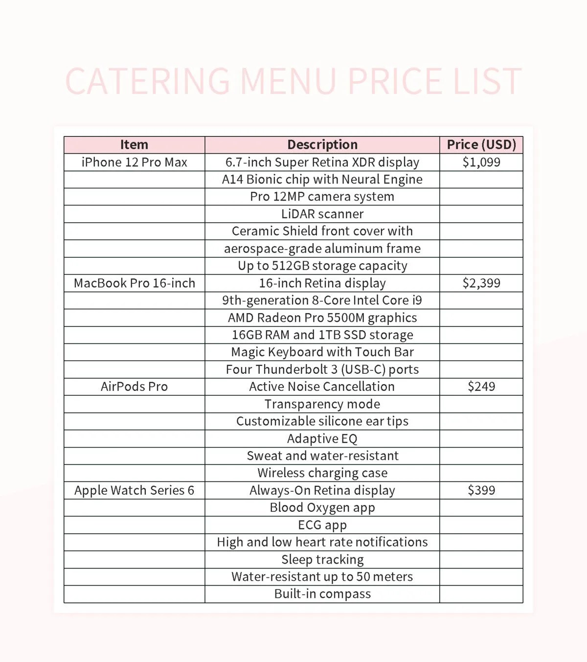 Hotel Price List Menu Restaurant Excel Template And Google Sheets File