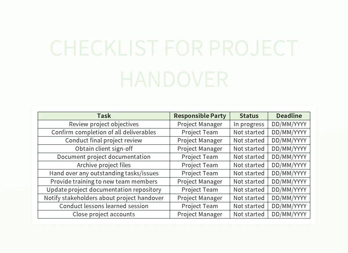 Checklist For Project Handover Excel Template And Google Sheets File