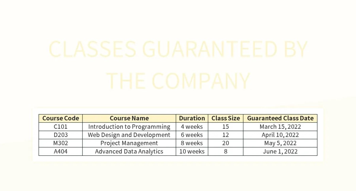 Classes Guaranteed By The Company Excel Template And Google Sheets File(04)