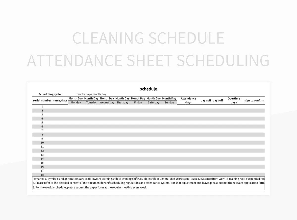 Cleaning Schedule Attendance Sheet Scheduling Excel Template And Google Sheets File For Free Cleaning Schedule Attendance Sheet Scheduling Excel Template And Google Sheets File For Free