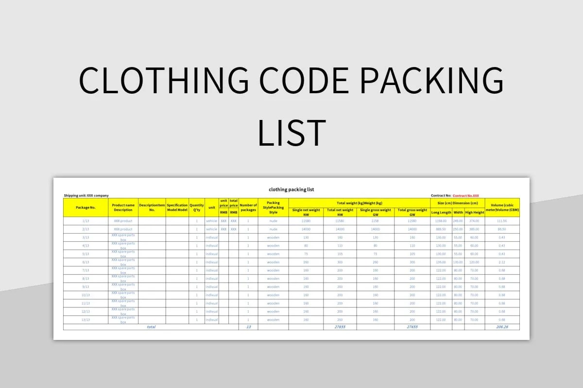 Clothing Code Packing List Excel Template And Google Sheets File For