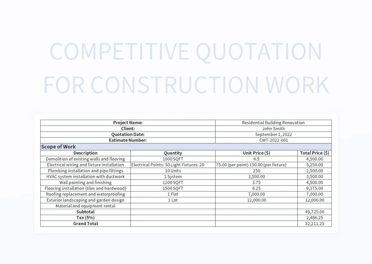Competitive Quotation For Construction Work Excel Template And Google
