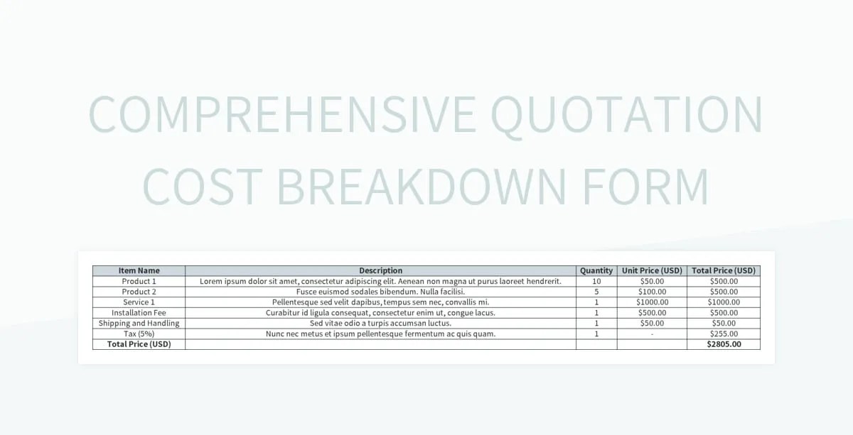Comprehensive Quotation Cost Breakdown Form Excel Template And Google