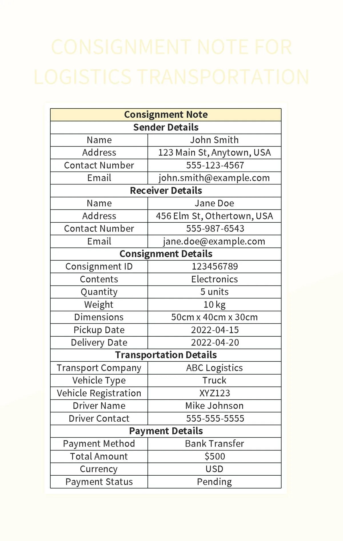 Consignment Note For Logistics Transportation Excel Template And Google