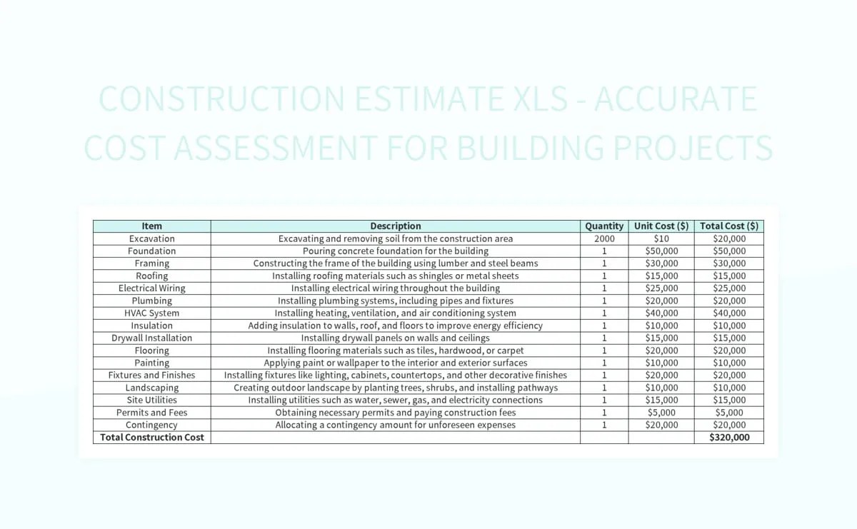 Construction Estimate XLS Accurate Cost Assessment For Building