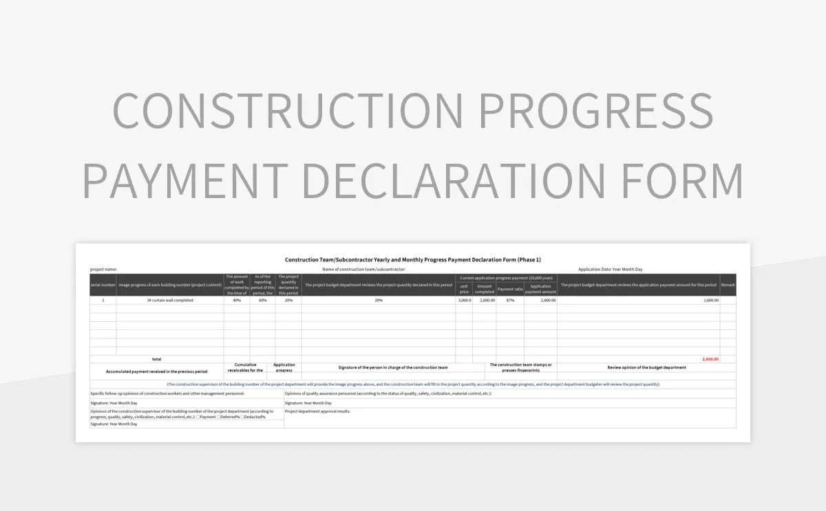 Construction Progress Payment Declaration Form Excel Template And
