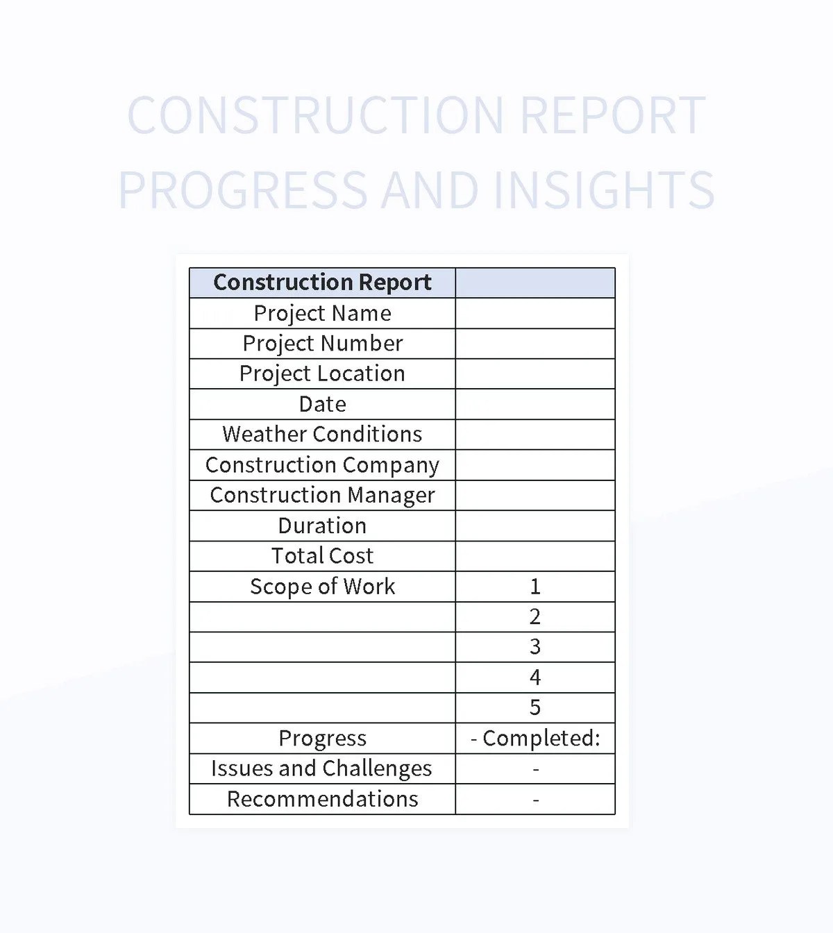 Construction Report Progress And Insights Excel Template And Google
