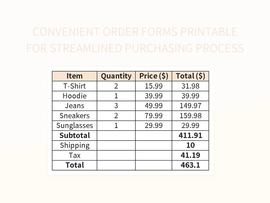 Convenient Order Forms Printable For Streamlined Purchasing Process