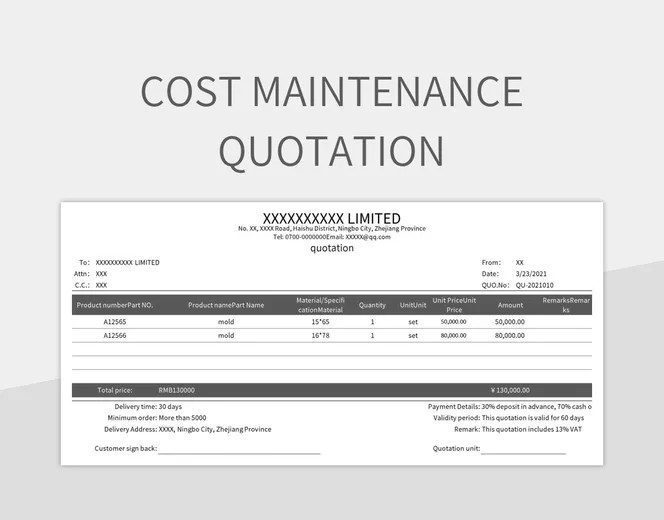 Cost Maintenance Quotation Excel Template And Google Sheets File For