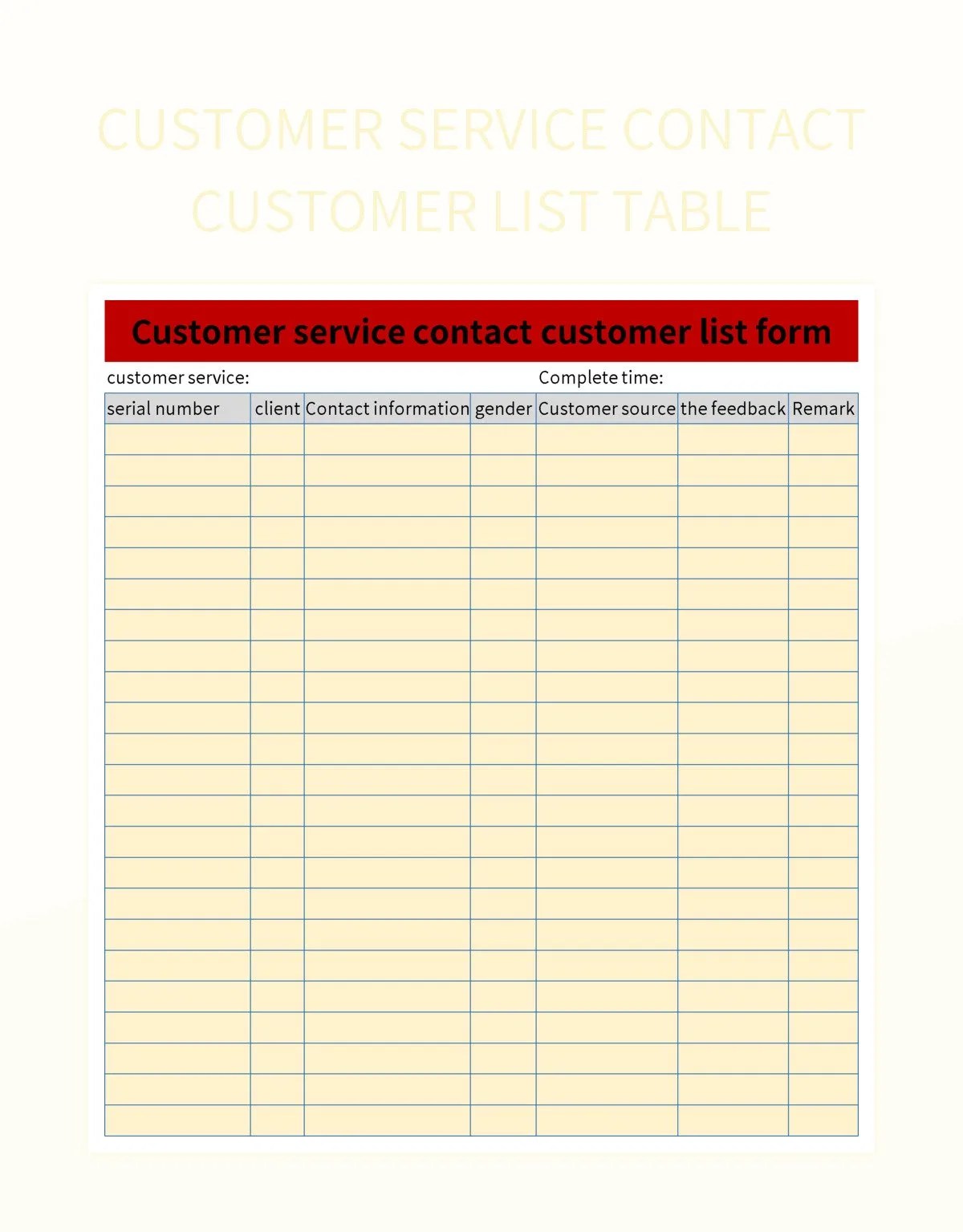 Customer Service Contact Customer List Table Excel Template And Google Sheets File For Free