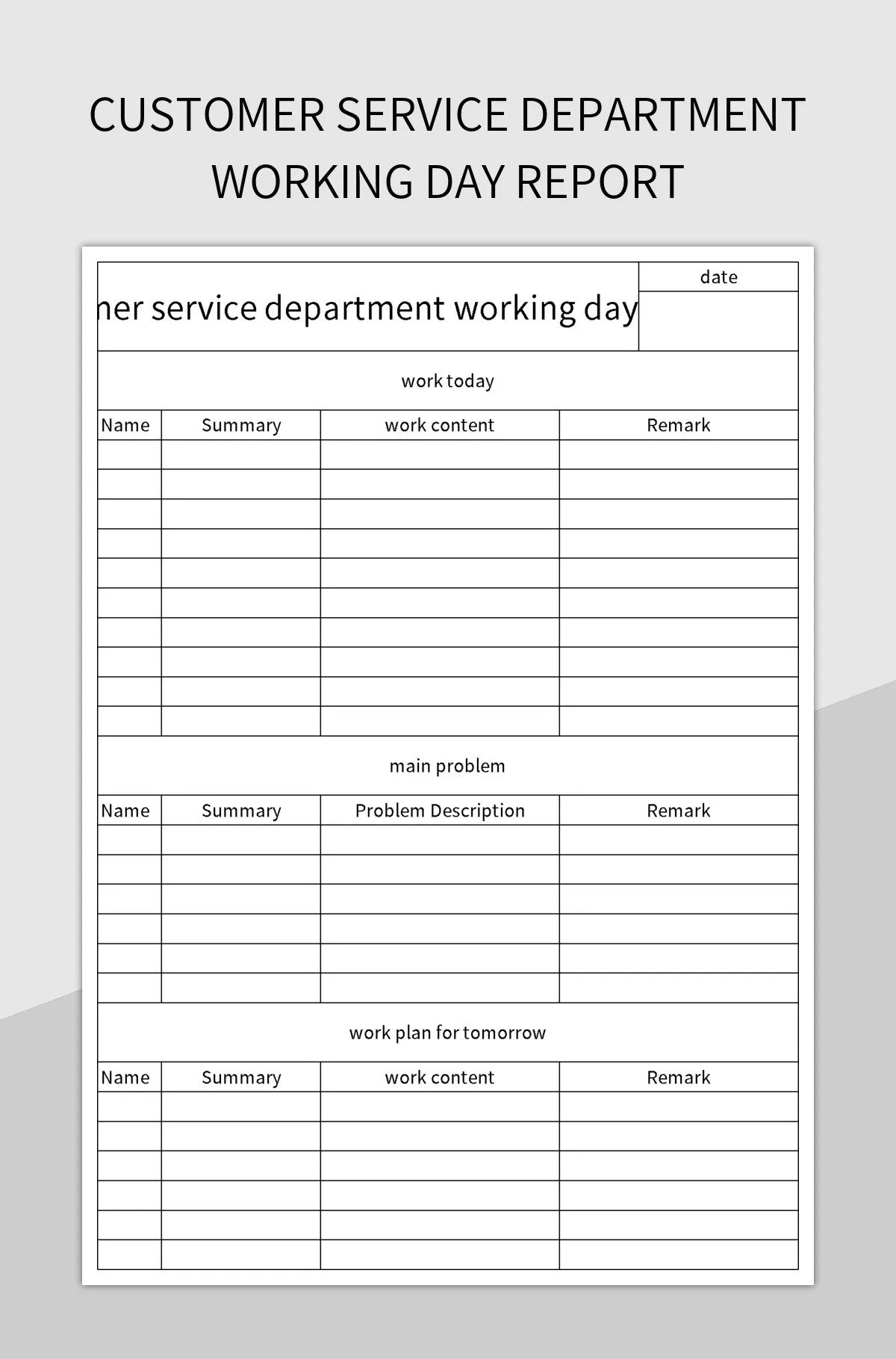 Customer Service Department Working Day Report Excel Template And