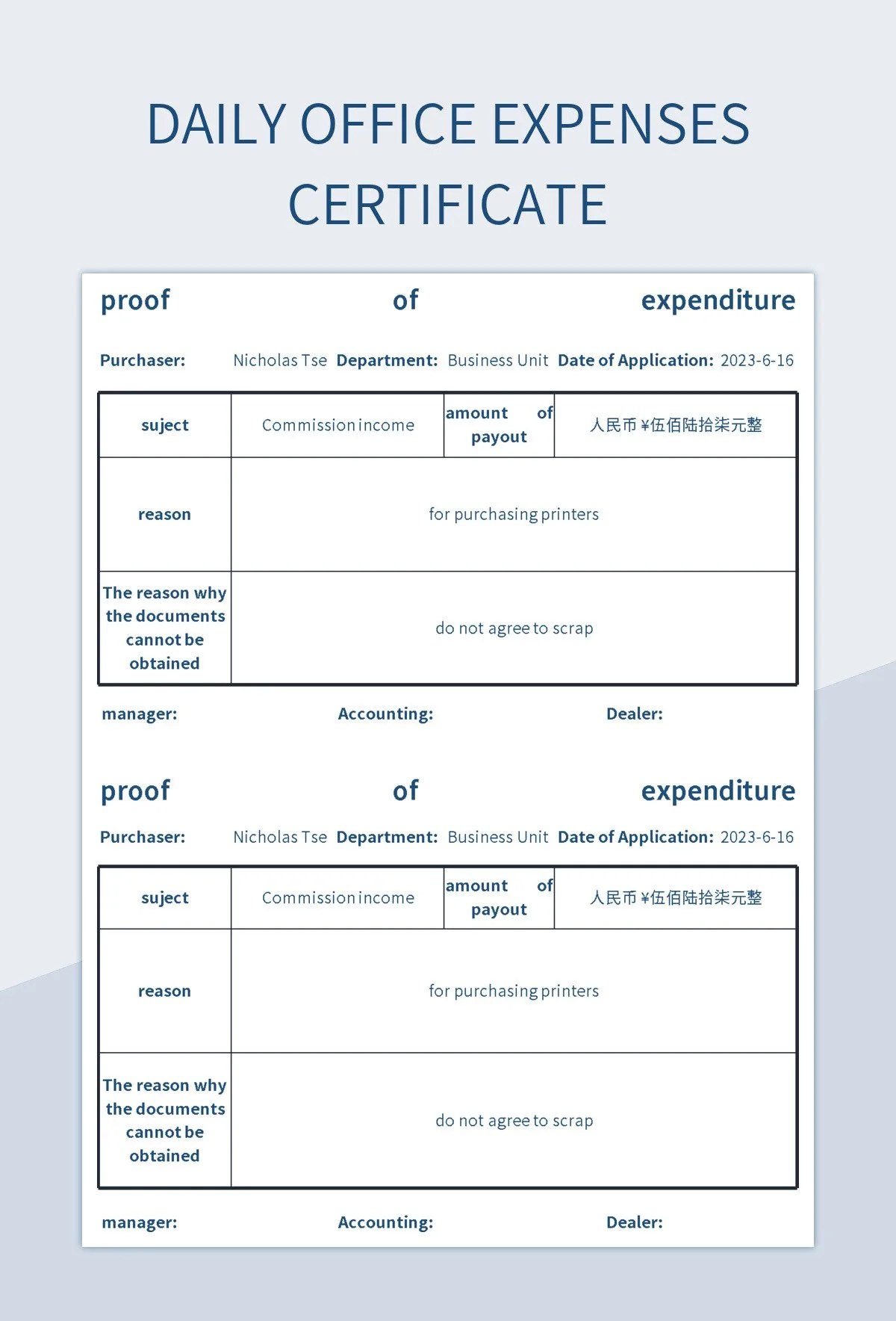 Daily Office Expenses Certificate Excel Template And Google Sheets File