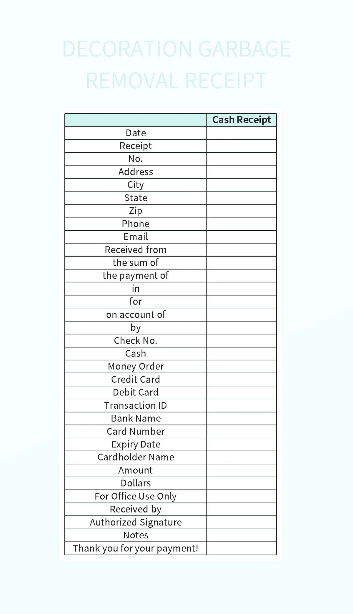 Decoration Garbage Removal Receipt Excel Template And Google Sheets