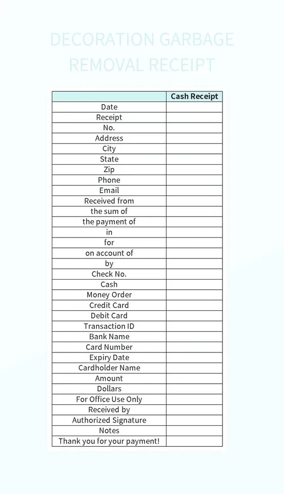 Decoration Garbage Removal Receipt Excel Template And Google Sheets