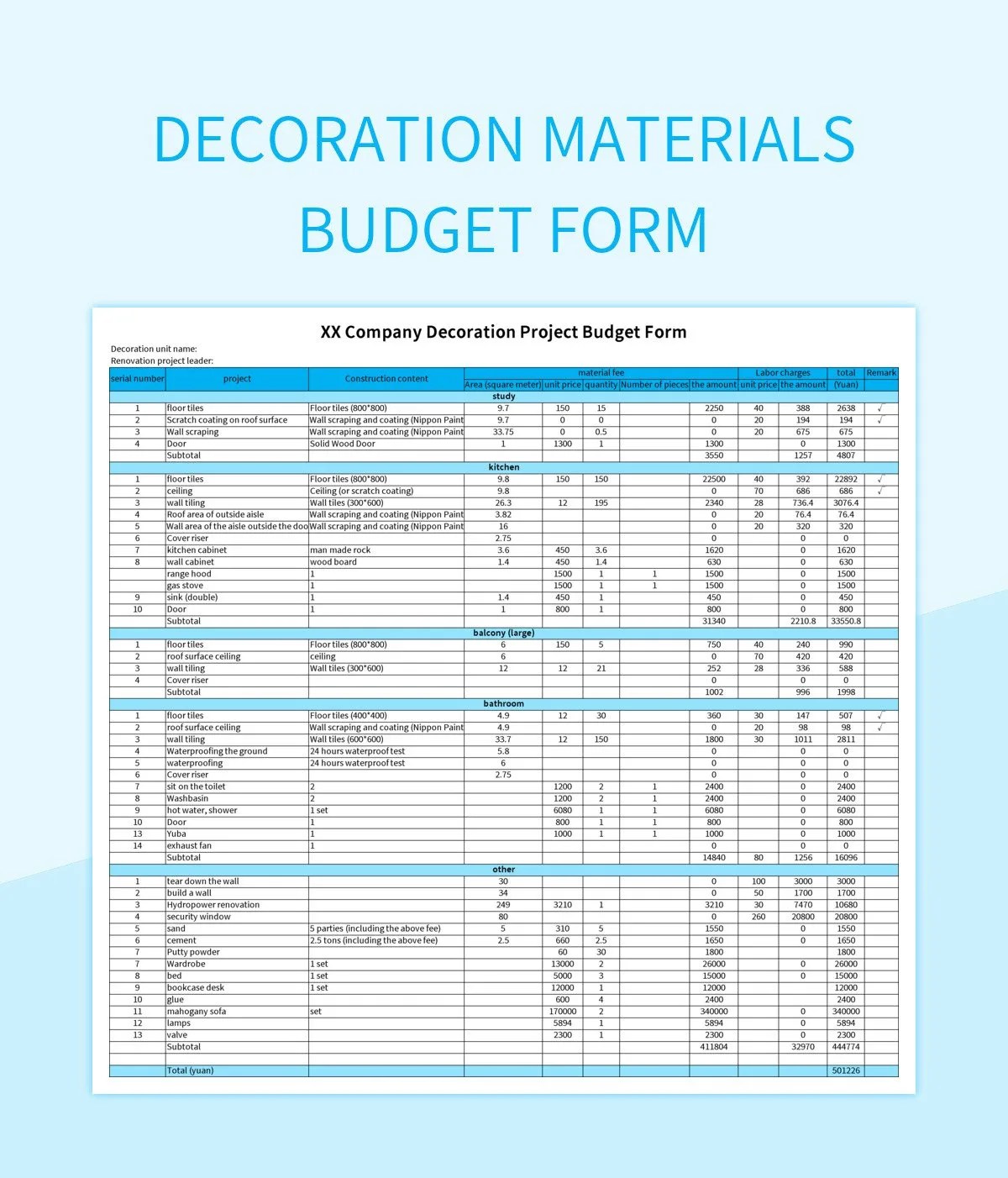 Decoration Materials Budget Form Excel Template And Google Sheets File