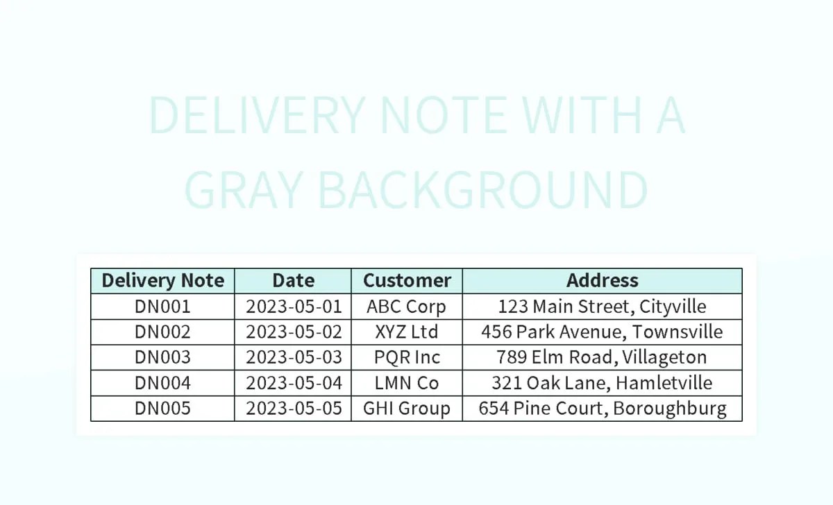 Delivery Note With A Gray Background Excel Template And Google Sheets File For Free Download