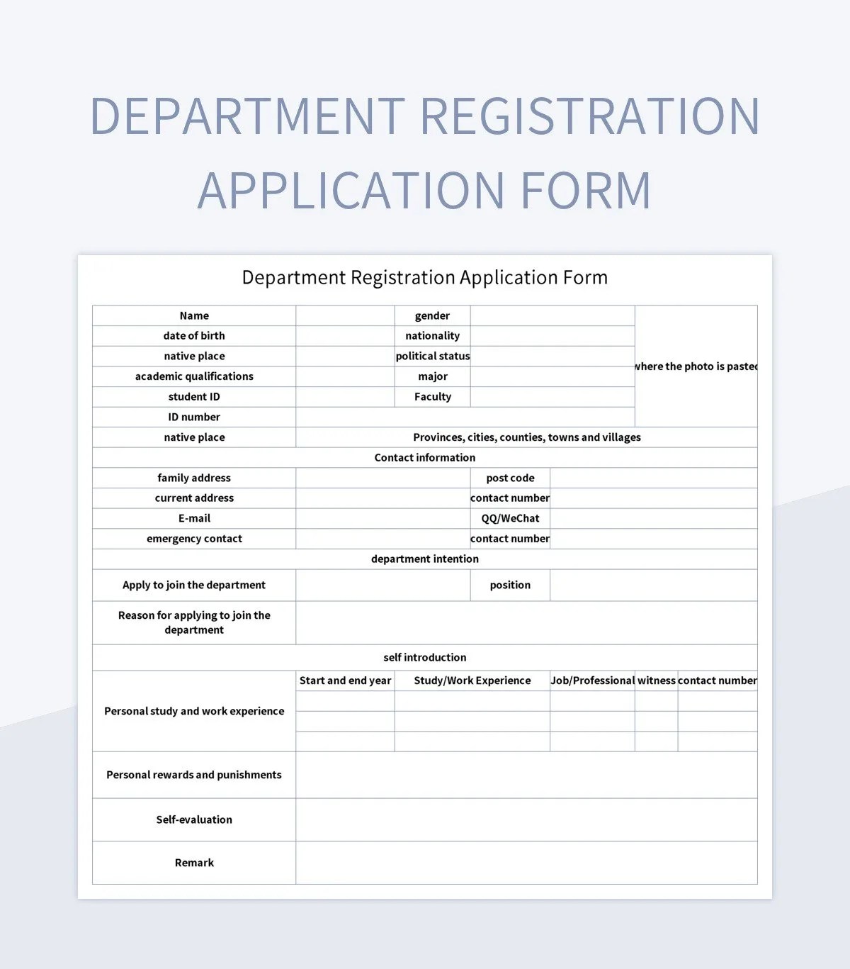 Department Registration Application Form Excel Template And Google