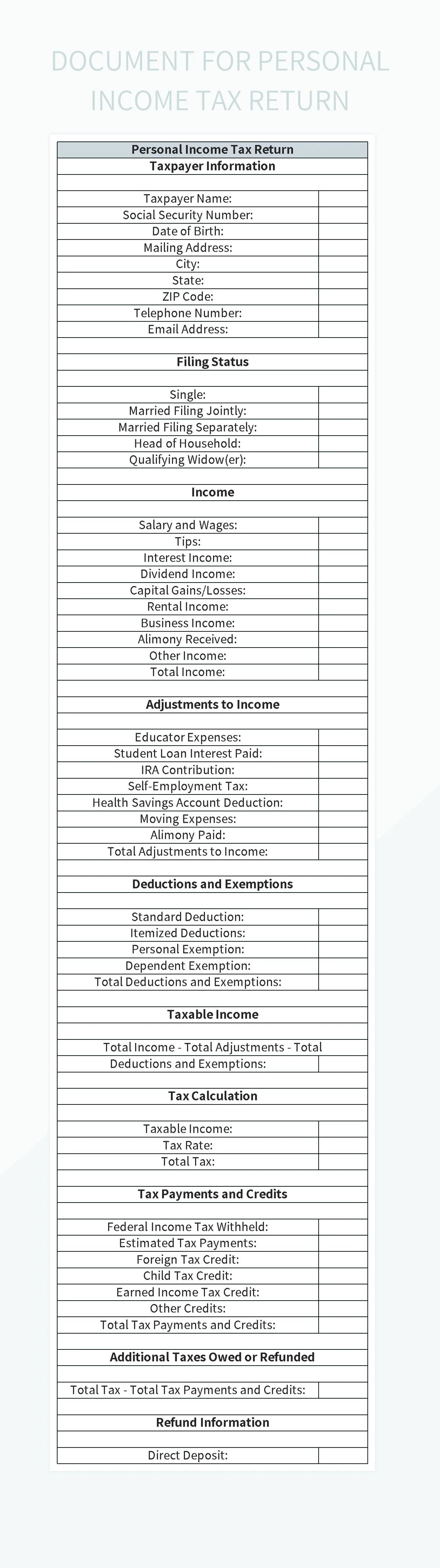 Document For Personal Tax Return Excel Template And Google Sheets File For Free Download