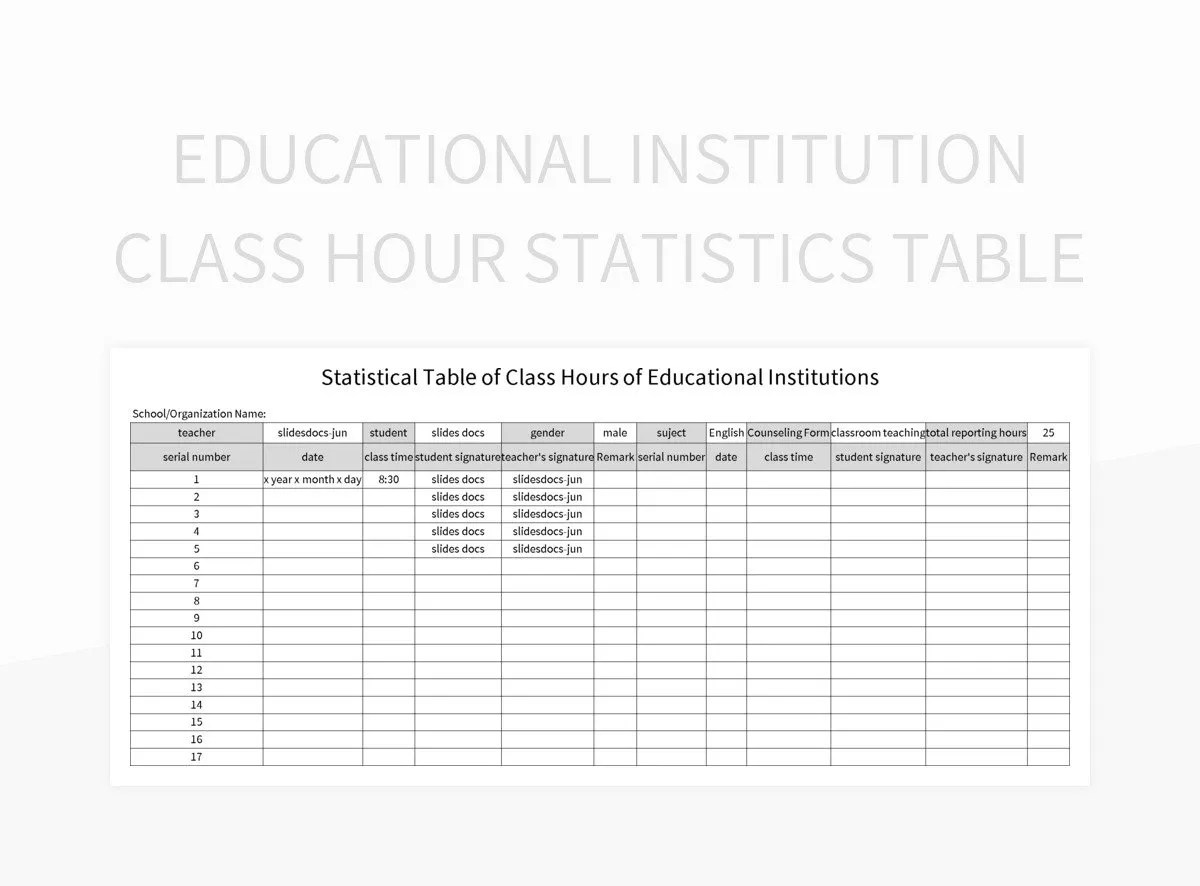 Educational Institution Class Hour Statistics Table Excel Template And