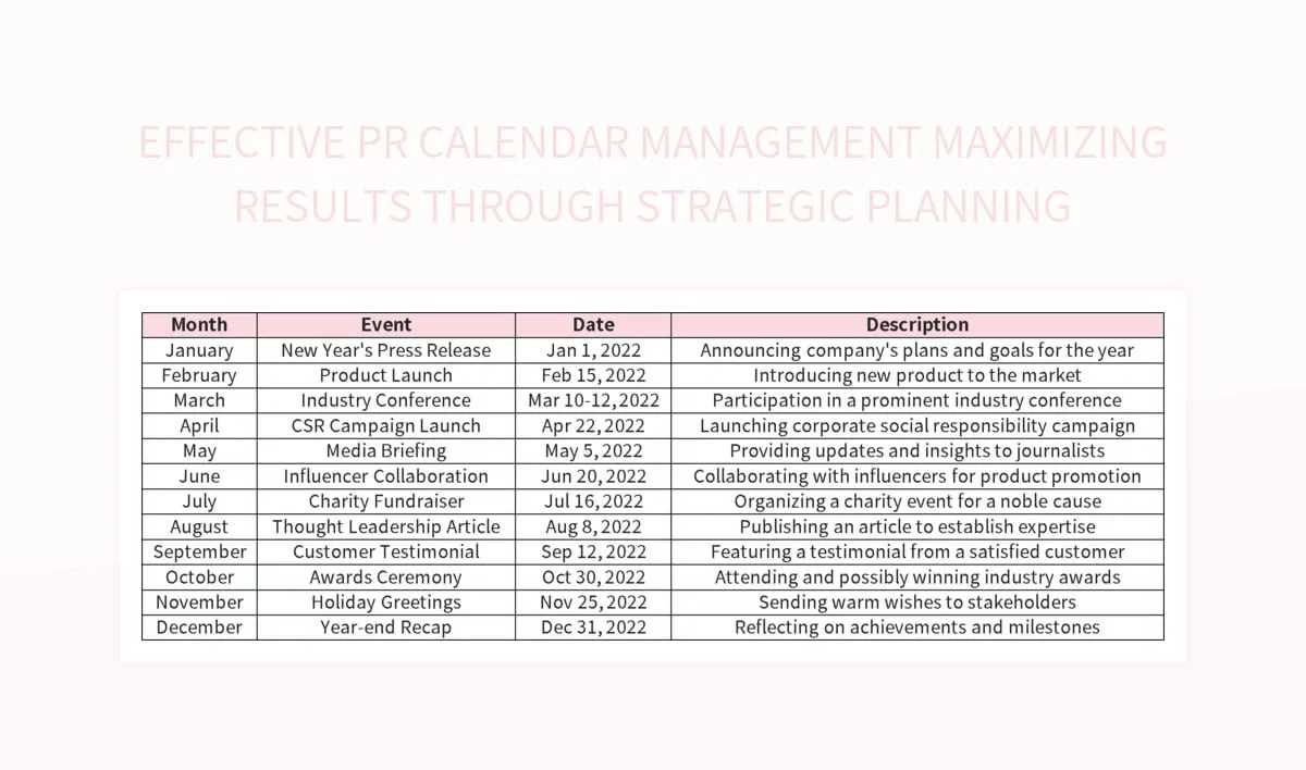 Effective PR Calendar Management Maximizing Results Through Strategic Planning Excel Template Effective PR Calendar Management Maximizing Results Through Strategic Planning Excel Template