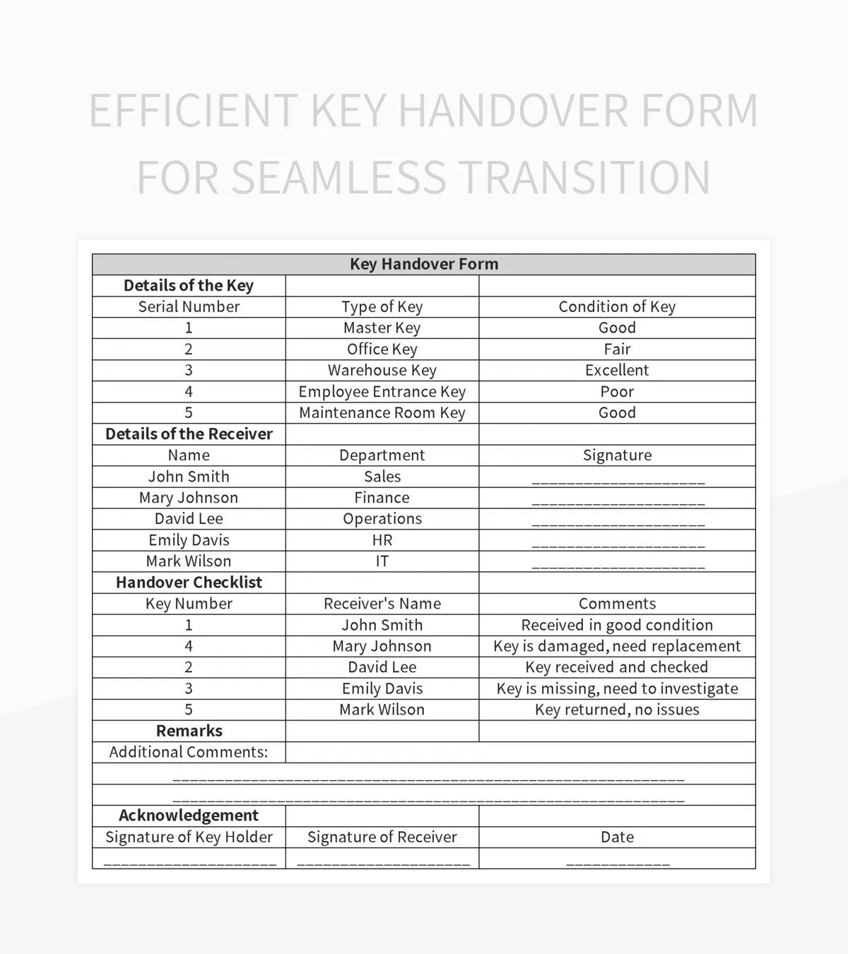 Efficient Key Handover Form For Seamless Transition Excel Template And