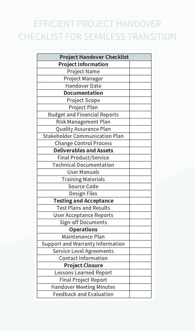 Efficient Project Handover Checklist For Seamless Transition Excel