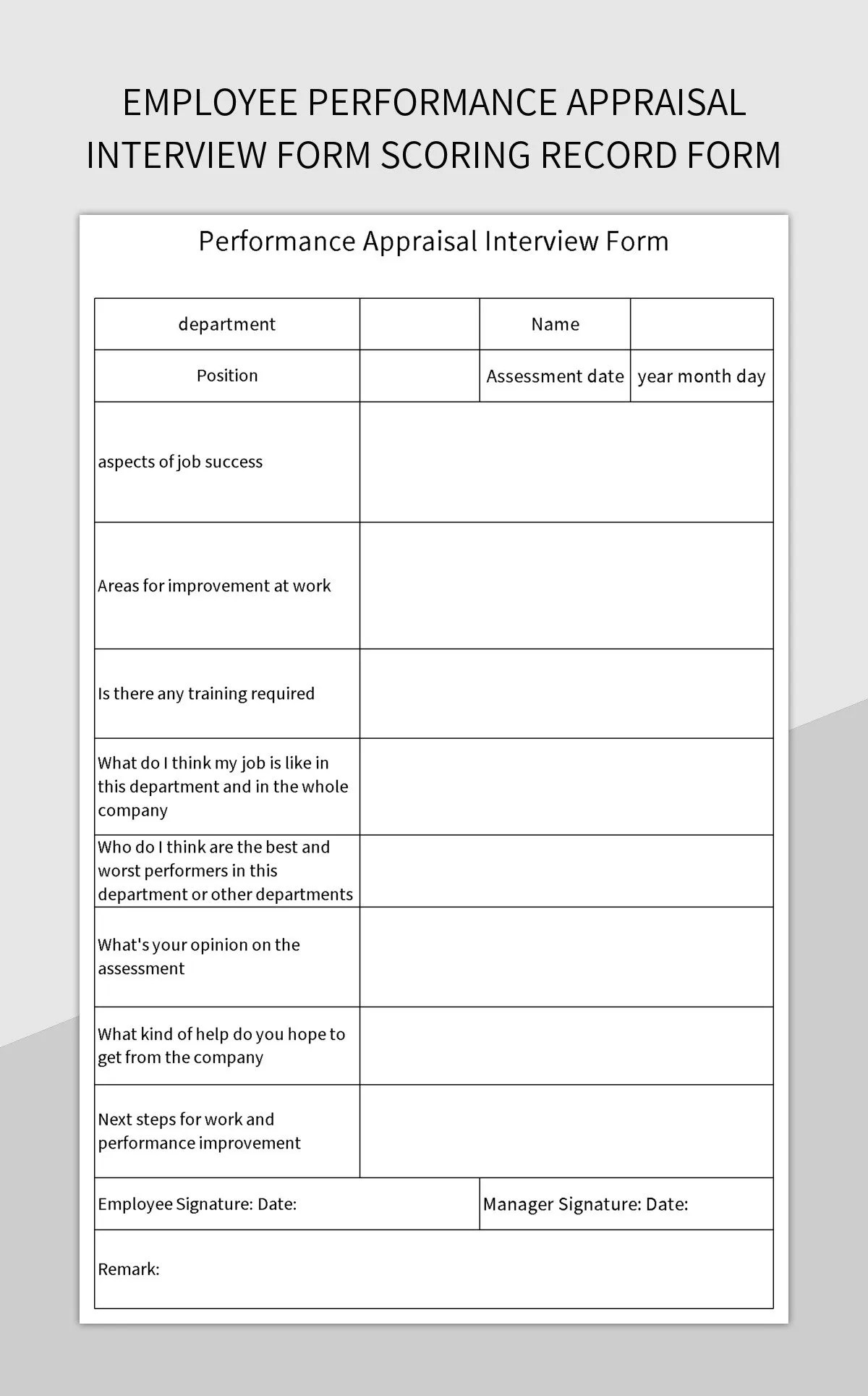 Employee Performance Appraisal Interview Form Scoring Record Form Excel