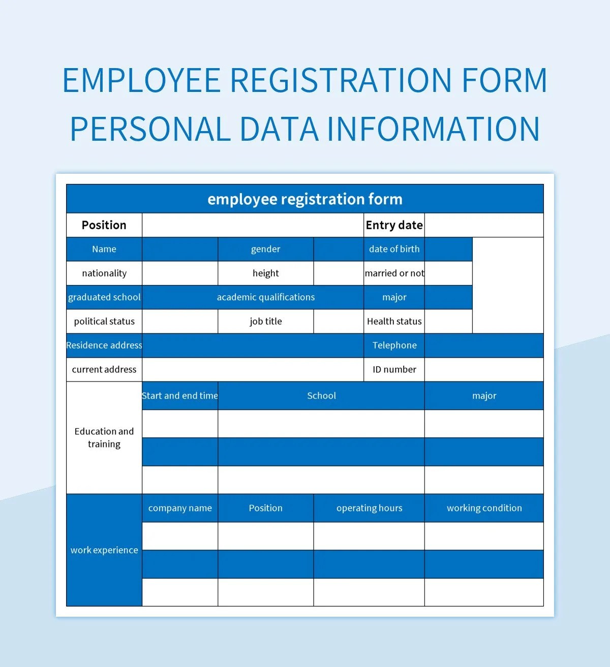 Employee Personal Data Registration Form Excel Template And Google
