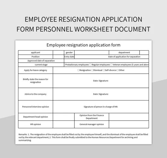 Employee Resignation Application Form Personnel Worksheet Document